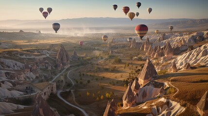 A panoramic picture of the bizarre scenery of Cappadocia, with towering rock formations and soaring hot air balloons. The ochre-colored rocks are covered in meandering tunnels and cave houses. The ima