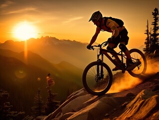 Fototapeta na wymiar Mountainbiken im Gelände in den Bergen bei Sonnenunter, Generative AI