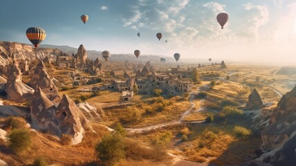 A panoramic picture of the bizarre scenery of Cappadocia, with towering rock formations and soaring hot air balloons. The ochre-colored rocks are covered in meandering tunnels and cave houses. The ima