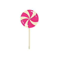 Round candy on stick, cute sugar lollipop with red swirls of strawberry and vanilla