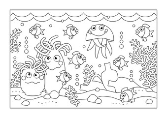 Underwater coloring page with anemones, sunken amphorae, jellyfish and sea life scene
