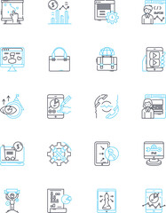 Advertising strategies linear icons set. Branding, Messaging, Communication, Targeting, Engagement, Promotion, Awareness line vector and concept signs. Creativity,Innovation,Differentiation outline