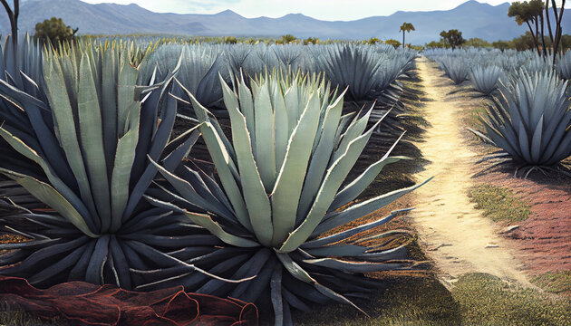 Agave Field in South America. Raw materials for the production of tequila and cosmetics