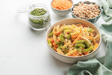 A variety of fusilli pasta from different types of legumes. Gluten-free pasta.