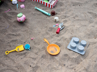 Fototapeta na wymiar Sandpit with toys background,Sand beach with toys