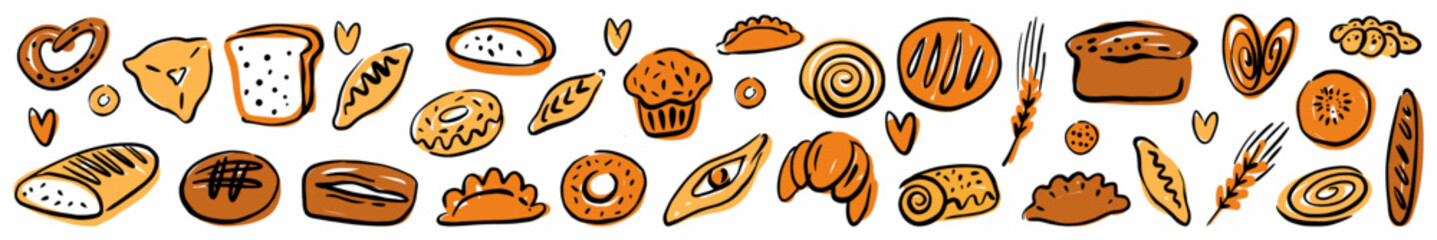 Vector horizontal pattern of pastries and bread, hand-drawn in doodle style