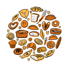 A collection of pastries and bread in the shape of a circle, hand-drawn in the style of a doodle