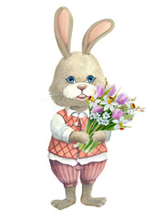 Cartoon rabbit with a bouquet of flowers