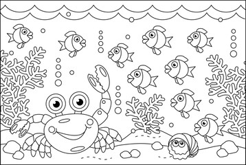Underwater coloring page with crab and sea life scene
