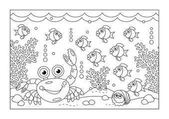 Underwater coloring page with crab and sea life scene
