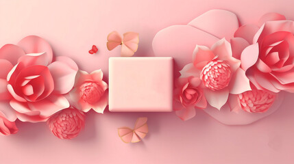 Pink paper with a box of flowers on a pink background