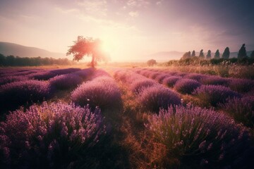 Fototapeta na wymiar Gorgeous sunrise lavender field with a purple flower background and aromatic violet plants in bloom. Generative AI