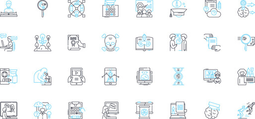 Internet training linear icons set. E-learning, Webinars, Online courses, Digital literacy, Cybersecurity, Coding, Nerking line vector and concept signs. Cloud computing,Web development,SEO outline