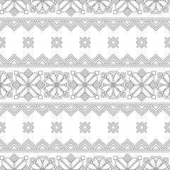 Seamless Pattern with Ornamental Composition Inspired by Ukrainian Traditional Embroidery. Ethnic Motif, Handmade Craft Art. Horizontal Oriented Stripe. Coloring Book Page. Vector Contour Illustration
