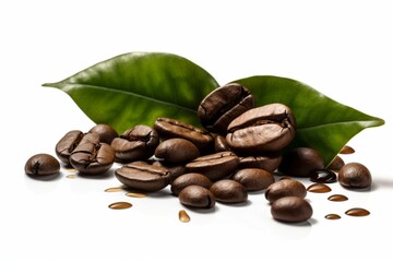 Transparent png of coffee beans and foliage. Generative AI