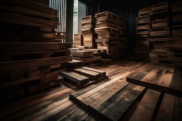 Assorted sawn wood at Bangkok's Pracha Narumitr for flooring, furniture & house construction. Generative AI