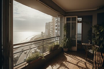 A flat in a coastal apartment building with balcony and scenic view. Generative AI
