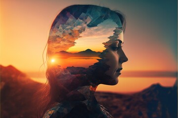 Double exposure image woman portrait with the orange sunset for peaceful mind and psychological concept. Meditative and healthy mental therapy abstract art. Superb Generative AI - obrazy, fototapety, plakaty