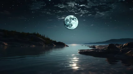 Plaid mouton avec motif Pleine Lune arbre moon on a background star sky reflected in the sea. Generative ai