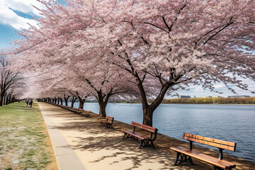 Fototapeta na wymiar A photograph of the cherry blossom trees in full bloom at the Tidal Basin in Washington, D.C. - generative AI