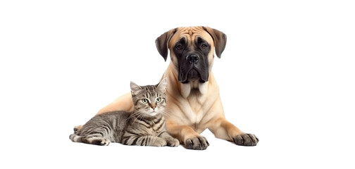 Mastiff dog and cute kitten lie together. isolated on transparent background. PNG. Two puppies. Post-processed generative AI - obrazy, fototapety, plakaty