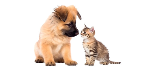 Fototapeta Puppy dog and cute kitten lie together. isolated on transparent background. PNG. Two puppies. Post-processed generative AI obraz