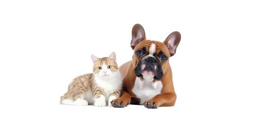French bulldog and cute kitten lie together. isolated on transparent background. PNG. Two puppies. Post-processed generative AI