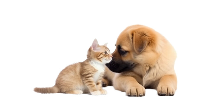 Puppy dog and cute kitten lie together. isolated on transparent background. PNG. Two puppies. Post-processed generative AI
