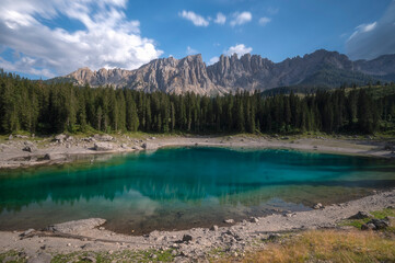 Fototapeta na wymiar Lake Karersee, Carezza with turquoise water, Dolomites, Italy 