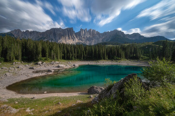 Naklejka na ściany i meble Lake Karersee, Carezza with turquoise water, Dolomites, Italy 