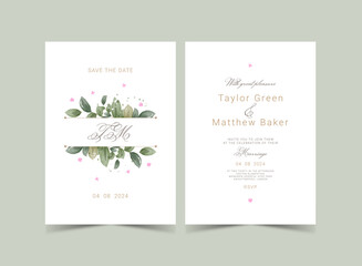 Wedding card invitation, design in rustic style with greenery watercolor floral template