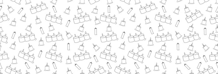Many candles in a black outline on a white background, seamless pattern.