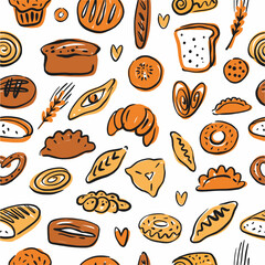 Vector pattern of pastries and bread, hand-drawn in the style of a doodle