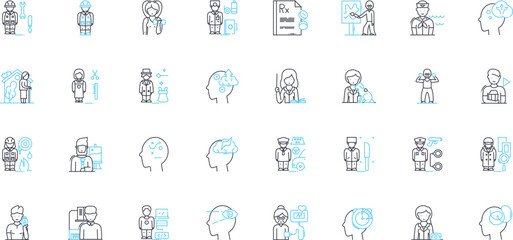 Anthropology linear icons set. Culture, Kinship, Evolution, Society, Ethnography, Race, Gender line vector and concept signs. Rituals,Archaeology,Language outline illustrations