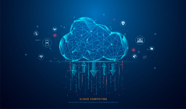 cloud computing icon on low polygonal style for technology cloud computing for data transmission, database, data storage, and backup. Networking and Internet service concept.