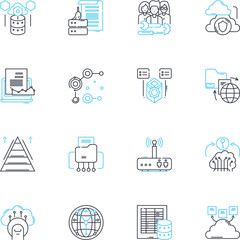 Wireless router linear icons set. Connectivity, Nerk, Wi-Fi, Internet, Bandwidth, Signal, Speed line vector and concept signs. Transmission,Security,Antenna outline illustrations