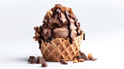 Brownie batter ice cream in a waffle cone with chunks of brownie batter and fudge swirls on White Background with copy space for your text created with generative AI technology