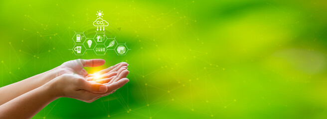 human hand display icon virtual energy saving concept conservation of natural resources...