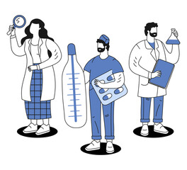 Team of healthcare professionals medical doctor with magnifying glass doctor assistant with thermometer
