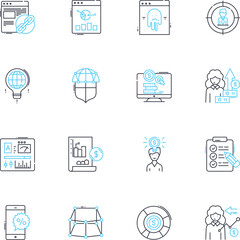 Budget forecasting linear icons set. Projections, Estimates, Forecasts, Planning, Budgeting, Analytics, Metrics line vector and concept signs. Costing,Revenue,Analysis outline illustrations