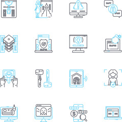 Online security linear icons set. Encryption, Firewall, VPN, Malware, Cybercrime, Phishing, Two-factor line vector and concept signs. Authentication,Privacy,Hacking outline illustrations