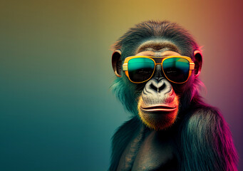 Creative animal concept. Ape in sunglass shade glasses isolated on solid pastel background, commercial, editorial advertisement, surreal surrealism. 