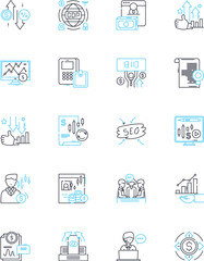 Budget management linear icons set. Frugality, Economy, Saving, Planning, Accounting, Efficiency, Forecasting line vector and concept signs. Responsibility,Control,Analysis outline illustrations