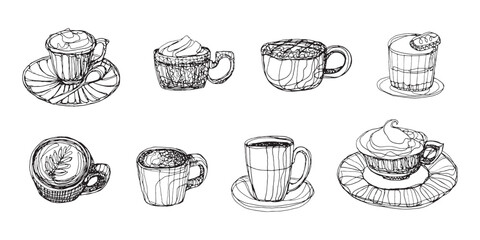 Collection of coffee cups outline drawing isolated on white background, cafe beverage illustration clipart, ink doodle sketch vector graphic element, coffee mug, cafe menu stylize outline drawing icon