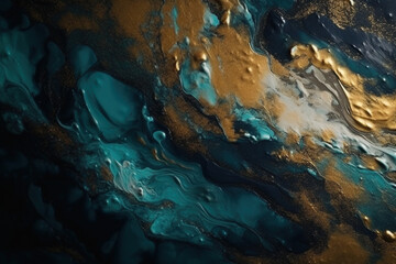 Ciemny, płynny mix złota i turkusu - Dark liquid mix of gold and turquoise - AI Generated - obrazy, fototapety, plakaty