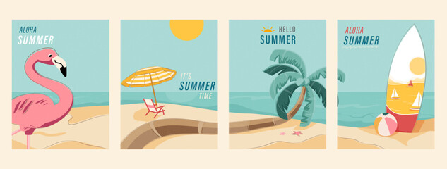 Fototapeta premium Colorful summer beach vector background poster design collection set of four