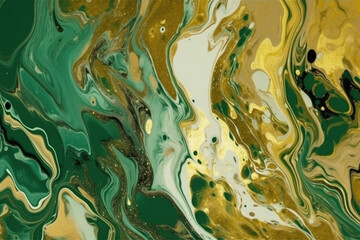 Płynne złoto i zieleń tekstura - luksusowe tło -  fluid gold and green texture - luxury background - AI Generated - obrazy, fototapety, plakaty