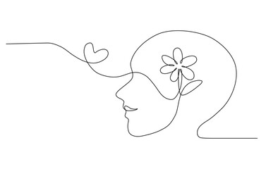 Continuous line art of a person with a flower inside human head and heart symbol, lineart vector illustration.