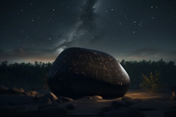 Minimalist 3D rendering of black stone shape against night sky for display or showcase. Generative AI