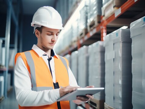 Modernes Lagermanagement, Manager und Mitarbeiter mit Tablets und Technologie-Schnittstelle in wei&szlig;er Industriehalle, generative AI...